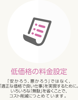 低価格の料金設定
「安かろう、悪かろう」ではなく、「適正な価格で良い家」を実現するために。いろいろな「無駄」を省くことで、コスト削減につとめています。 